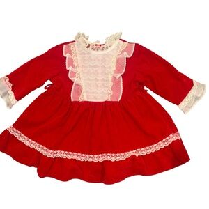 Vintage red velvet and lace frilly union made baby dress 2t